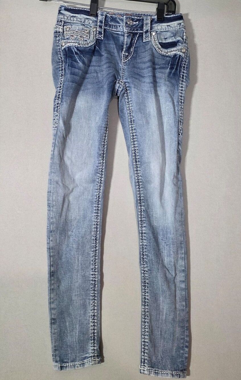 Rock Revival Jeans Women’s 24 Skinny Rhinestone Fleur-de-Lis Y2K Distressed